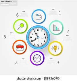 Modern business infographic template, backdrop with modern clock graph, six steps, simple line icons, isolated on bright background, for infographics, presentations, documents