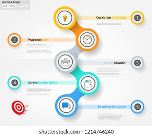 Modern business infographic template, backdrop with modern graph, five steps, simple line icons, isolated on bright background, for infographics, presentations, documents