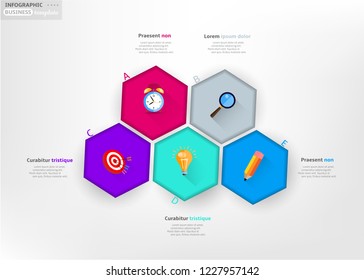 Modern business infographic template, backdrop with hexagon graph, five steps, simple colorful icons, isolated on bright background, for infographics, presentations, documents