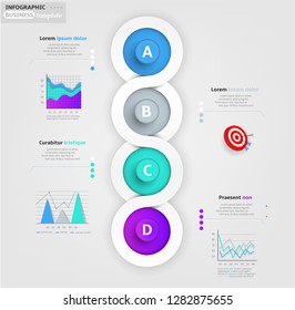 Modern business infographic template, backdrop with colorful spiral graph, four steps, simple line icons, isolated on bright background, for infographics, presentations, documents