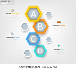 Modern business infographic template, backdrop with colorful hexagon graph, four steps, simple line icons, isolated on bright background, for infographics, presentations, documents