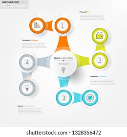 Modern business infographic template, backdrop with colorful graph, four steps, simple line icons, isolated on bright background, for infographics, presentations, documents