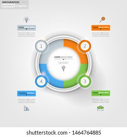 Modern business infographic template, backdrop with colorful circular graph, four steps, simple line icons, isolated on bright background, for infographics, presentations, documents