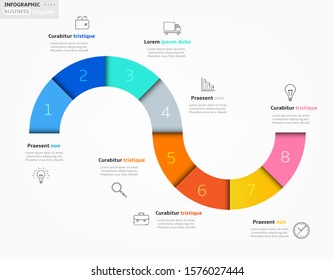 Modern business infographic template, backdrop with colorful graph, eight steps, simple line icons, isolated on white background, for infographics, presentations, documents