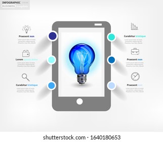 Modern business infographic template, backdrop with colorful graph with blue light bulb, six steps, simple line icons, isolated on bright background, for infographics, presentations, documents