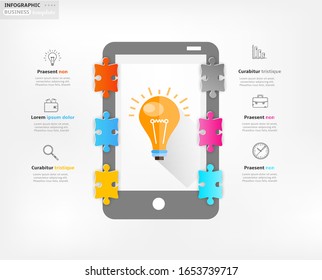 Modern business infographic template, backdrop with colorful graph with light bulb, six steps, simple line icons, isolated on bright background, for infographics, presentations, documents