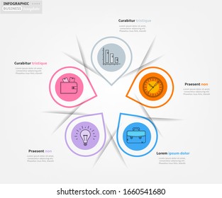 Plantilla de infografía empresarial moderna, fondo con gráfico colorido, cinco pasos, iconos de línea simples, aislados en fondo blanco, para infografías, presentaciones, documentos