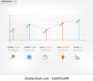 Modern business infographic template, backdrop with colorful graph, five steps, simple line icons, isolated on white background, for infographics, presentations, documents