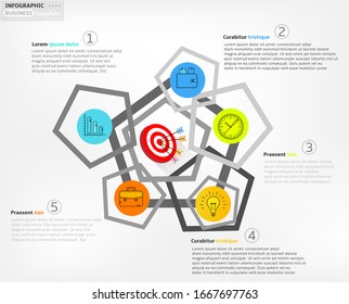 Modern business infographic template, backdrop with colorful graph with red target, five steps, simple line icons, isolated on white background, for infographics, presentations, documents