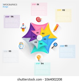 Modern business infographic template, background with graph, six steps, colorful icons, isolated on bright background
