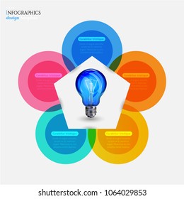 Modern business infographic template, background with graph, five steps, line icons, blue light bulb, isolated on bright background