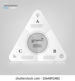 Modern business infographic template, background with triangular graph, three steps, gray line icons, isolated on bright background