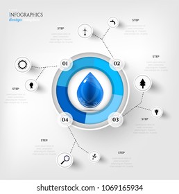 Modern business infographic template, background with graph, four steps, big water drop, simple black icons, isolated on bright background