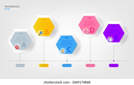 Modern business infographic template, background with timeline, five steps, colorful icons, isolated on bright background