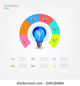 Modern business infographic template, background with circle graph, realistic blue light bulb, six steps, isolated on bright background
