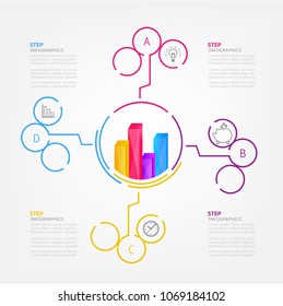 Modern business infographic template, background with circle graph, four steps, simple line icons, isolated on bright background