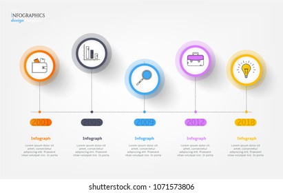 Modern business infographic template, background with timeline, five steps, colorful line icons, isolated on bright background