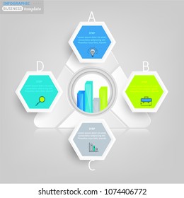 Modern business infographic template, background with triangular graph with four steps, simple line icons, isolated on bright background
