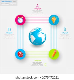 Modern business infographic template, background with modern graph, four steps, simple colorful icons, blue globe, isolated on bright background, for infographics, presentations, documents