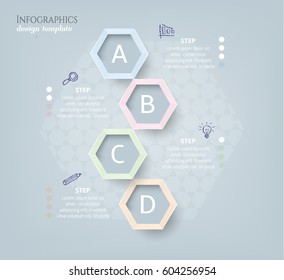 Modern business infographic template, background with timeline, four steps, blue doodle icons, isolated on bright background