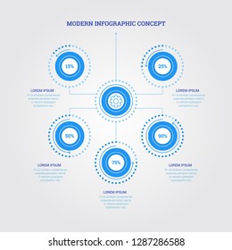 Modern business infographic template with circular shapes. Set of circle percentage diagrams. For your workflow layout, diagram, number options, 5 options or steps, web design. EPS10