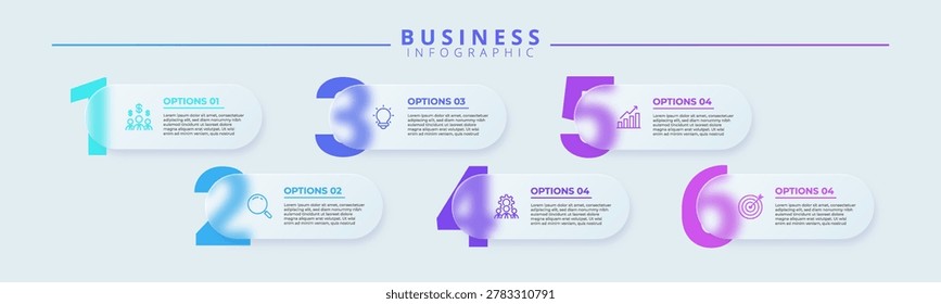Modern Business Infographic Template Featuring 6 Numbered Steps with Glassmorphism Design Elements, Icons, and Text Placeholders for Workflow, Strategy, and Process Visualization.