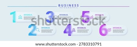 Modern Business Infographic Template Featuring 6 Numbered Steps with Glassmorphism Design Elements, Icons, and Text Placeholders for Workflow, Strategy, and Process Visualization.