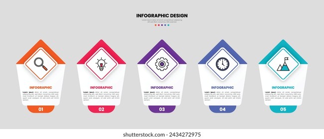 Modern business infographic template, geometric shape with 5 options or steps icons.