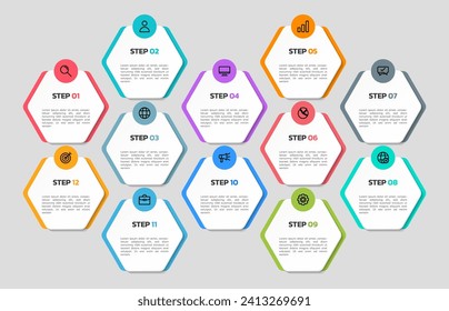 Plantilla de infografía de negocios moderna, forma hexágona con 12 opciones o iconos de pasos.