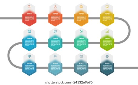 Modern business infographic template, hexagon shape with 12 options or steps icons.