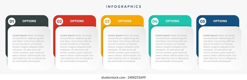 Modern business infographic template, square shape with 5 options or steps icons