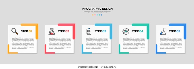 Modern business infographic template, square shape with 5 options or steps icons.