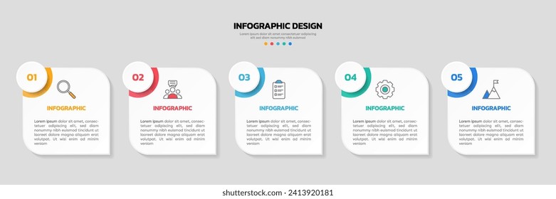 Modern business infographic template, square shape with 5 options or steps icons.