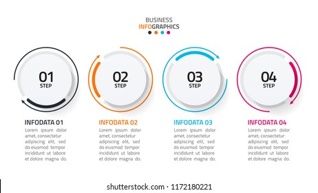Modern business infographic. Timeline with 4 steps, number options, workflow layout, arrows process line. vector illustration.