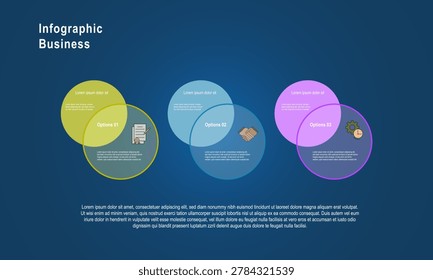 Modern business infographic vector with overlapping circle layout, colorful transparent elements, and flat icons for workflow, partnership, productivity, and corporate presentation design.