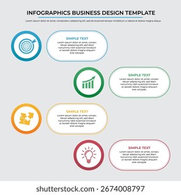Modelo de vetor de infográfico de negócios moderno com ícones coloridos e caixas de texto. Perfeito para apresentações corporativas, estratégias de marketing, relatórios de negócios, visualização de dados e diagramas de fluxo de trabalho.