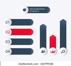 Modern business infographics elements, step labels, 1 2 3 4, charts