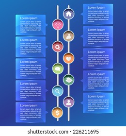 Modern Business Infographics Template, Abstract Blue Background, Dialog Box Glass and Business Concepts with Circle Icons,  2 Columns - 6 Steps in the Hierarchy, Vector Illustration Template Design.