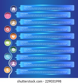 Modern Business Infographics Template, Abstract Blue Background, Dialog Box Glass and Business Concepts with Circle Icons, 10 Steps in the Hierarchy. Vector Illustration Template Design.