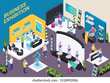 Modern business innovative technology exhibition hall isometric composition with electronic devices robots promotion stands visitors vector illustration 