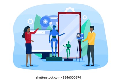 Modern business innovative technology exhibition. Man and woman showing new technologies of gadgets, robots and digital device. Advertising products at trade fair or exhibition. Vector illustration