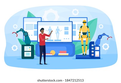 Modern business innovative technology exhibition. Man showing new technologies of gadgets, robots and digital device. Advertising products at trade fair or exhibition. Flat cartoon vector illustration