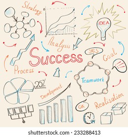Modern business inspiration concept with hand drawn doodle icons, light bulb idea, diagram and graph. Vector illustration.