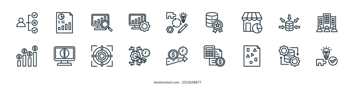 modern business intelligence icon pack. perfect for linear ui designs featuring vector solution, data processing, unstructured data, budget, financial guide, effective, focusing and more icons for