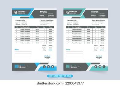 Moderno vector de plantilla de facturación comercial y recepción de precios. Compra de productos de la empresa y diseño de recibos de efectivo con colores azul y verde. Factura comercial creativa y papel de contrato de pago.