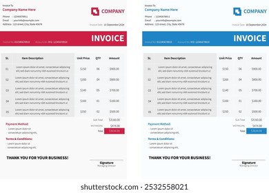 Modern business invoice template design bundle. Bill form business invoice vector. Corporate invoice template set, receipt tax or bill vector