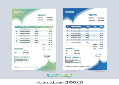 Plantilla moderna de factura comercial con sección de precios e información comercial. Diseño de papel creativo de recepción de precios y contrato de compra con formas abstractas. Plantilla de factura de contrato de pago.