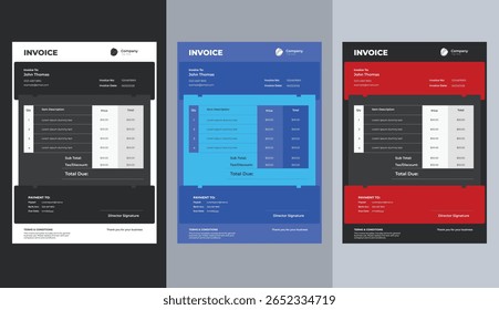 Modelos modernos de fatura comercial. Variantes de cor preta, azul, vermelha. Design vetorial para faturamento, contabilidade e documentos financeiros eficientes. Para empresas profissionais e freelancers.