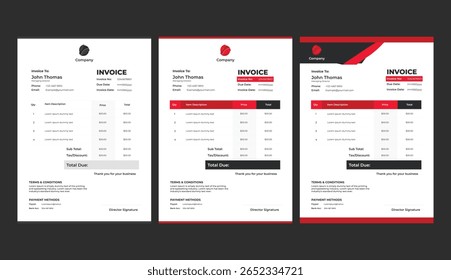 Modelos modernos de fatura comercial. Várias opções de cores com design vetorial profissional. Ideal para documentos financeiros, contábeis e de cobrança eficientes. Perfeito para empresas e freelancers.