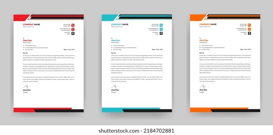 Modern business letterhead template, A4 size fully editable print ready design with three color variations 